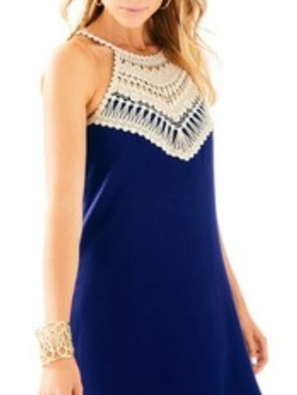 NWOT Lilly Pulitzer Navy Midi Dress with Gold Crochet Yoke 2